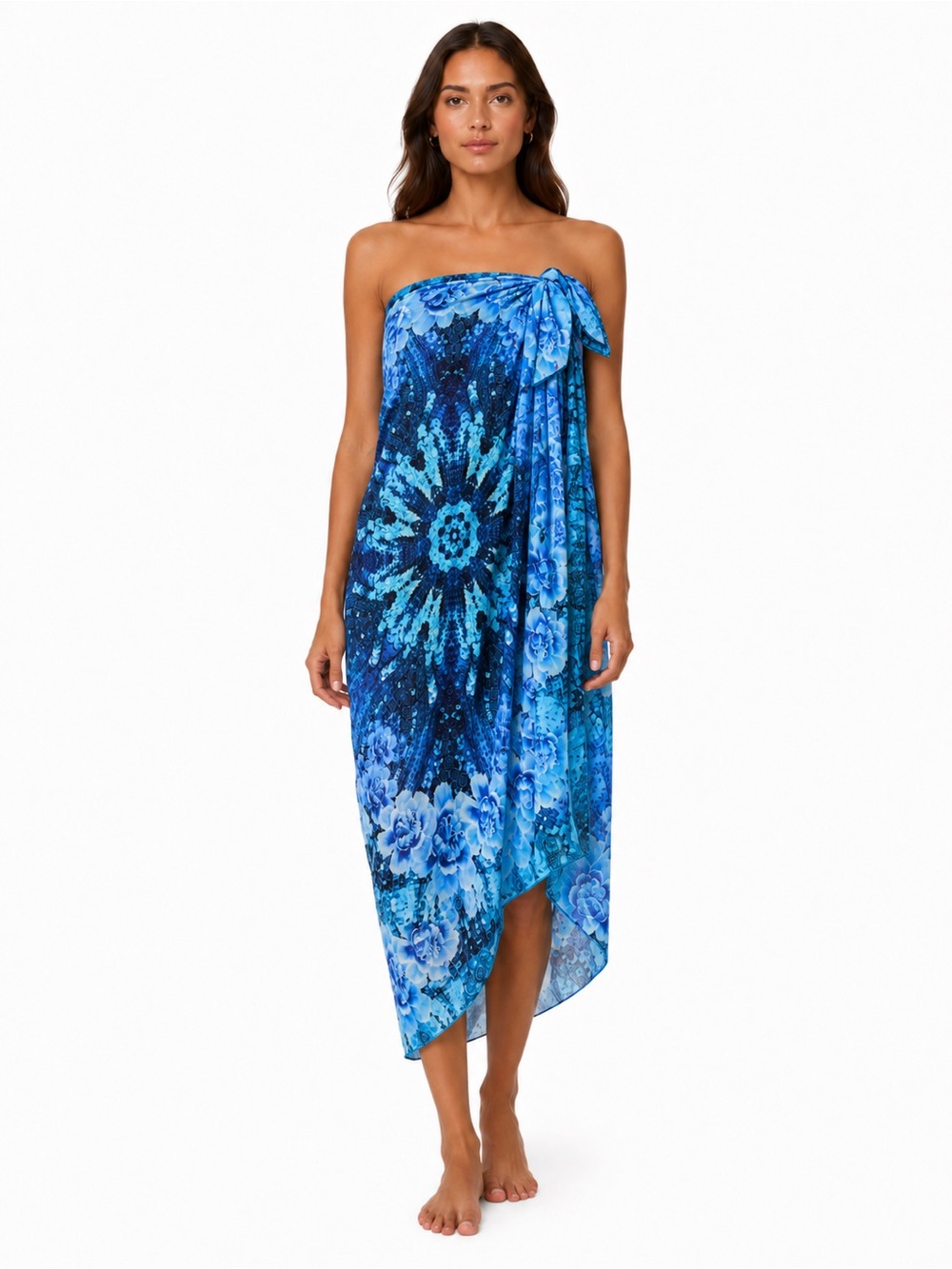 NWT Gottex 100% Silk Sarong Cover Up OS Blue Floral Pareo Scarf $198 Wear 7 Ways